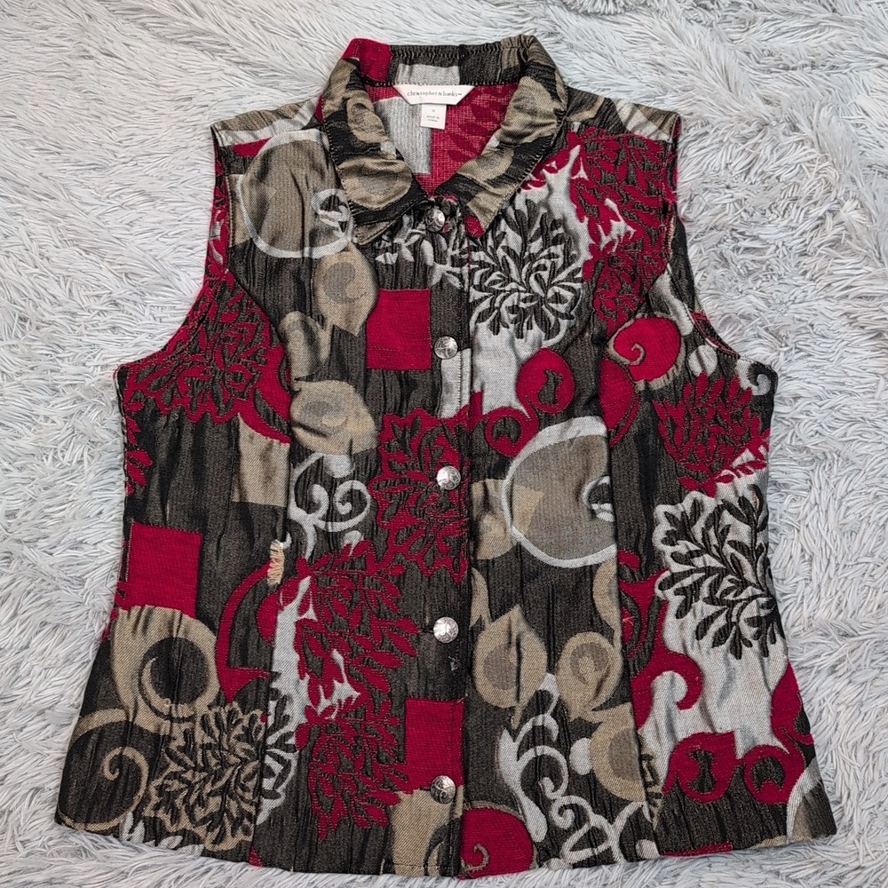 Christopher & Banks Vest Womens M‎ Red Lightweight Button Up Comfort Paisley